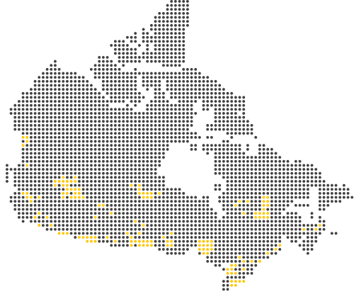 Canada black dot map with yellow dots representing Bitcoin ATM locations