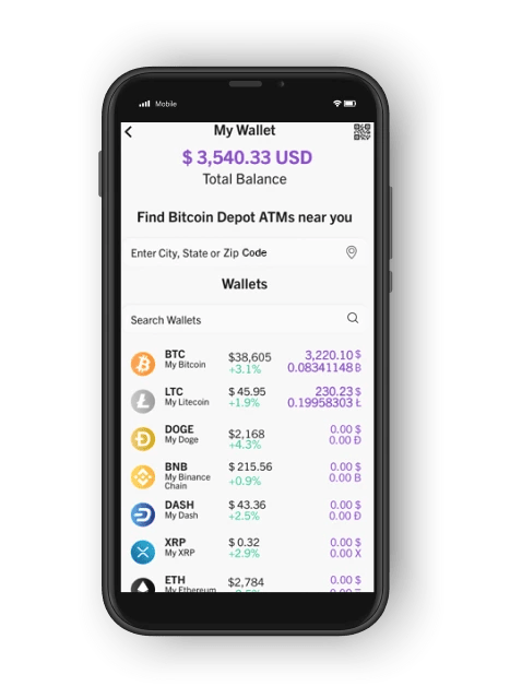 Bitcoin Depot App showing Bitcoin ATM locations and Bitcoin Depot Wallet